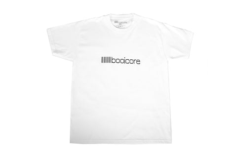 White t-shirt with 'boolcore' logo on a white background