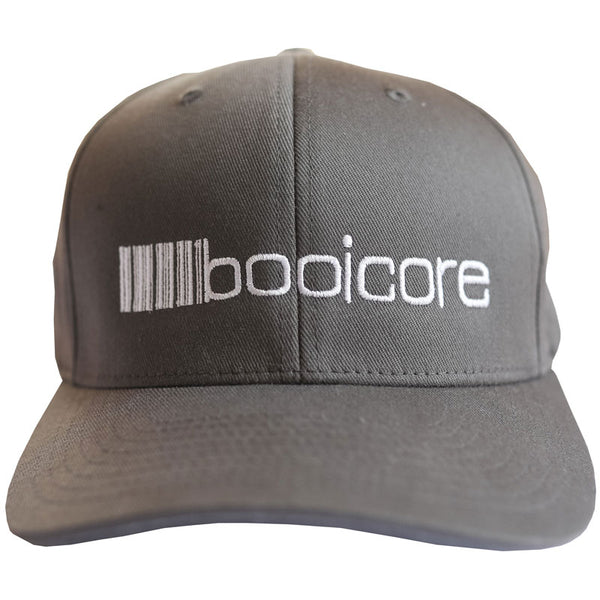 close up of grey flexfit baseball cap