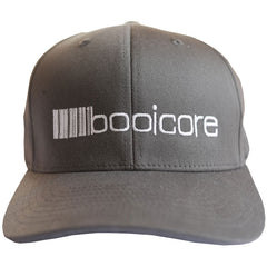 close up of grey flexfit baseball cap