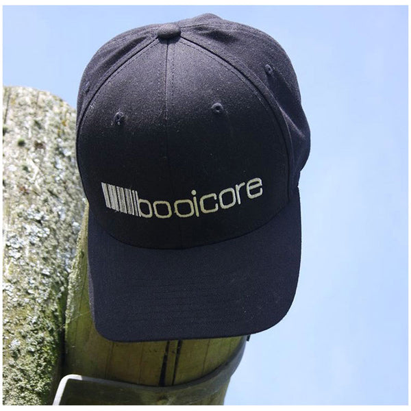 product shot of black booicore logo baseball UK made cap