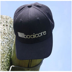 product shot of black booicore logo baseball UK made cap