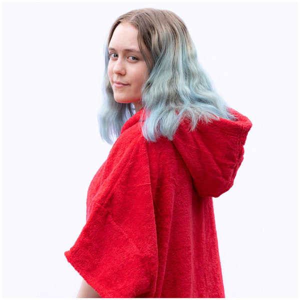girl in rich red cotton changing robe with short sleeves and hood