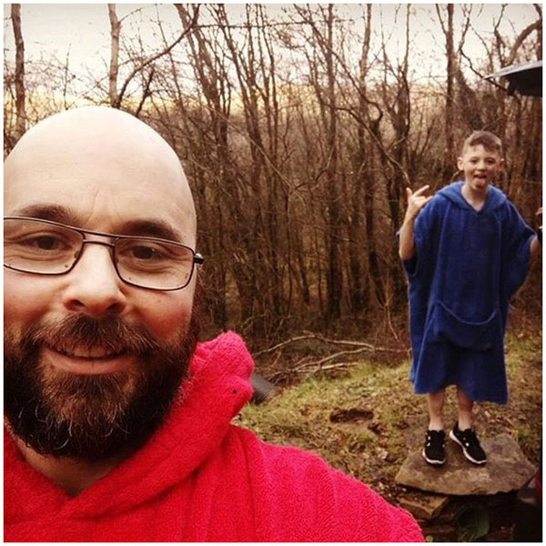 dad and son in booicore cotton robes adult and midi after mountain biking