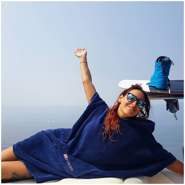 Young woman in sunglasses wearing Original Navy Blue Cotton Towel Robe