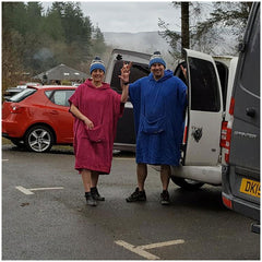 Couple wearing booicore cotton towel robes after MTB Mountain Biking