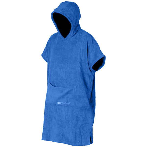 Front image of royal blue short sleeve hooded cotton robe