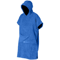 Front image of royal blue short sleeve hooded cotton robe