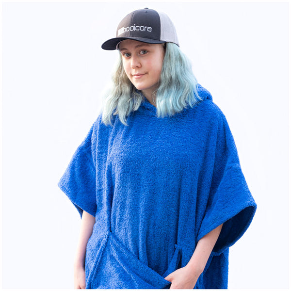 Woman in trucker baseball cap wearing short sleeve cotton towel robe booicore