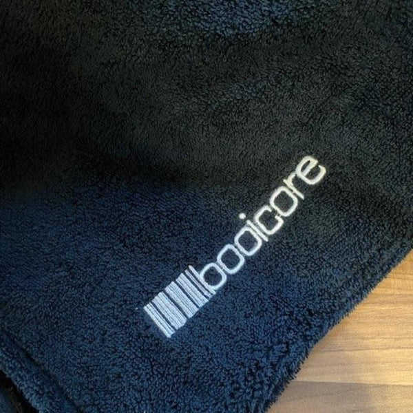 booicore logo on back of dirtbag black cotton towel robe 