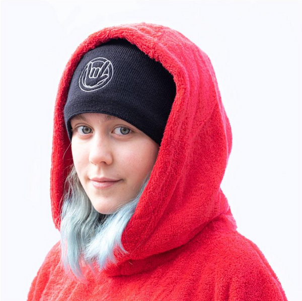 black knit beanie fits snuggly under the hood of the 100% cotton towelling dry robe booicore in red